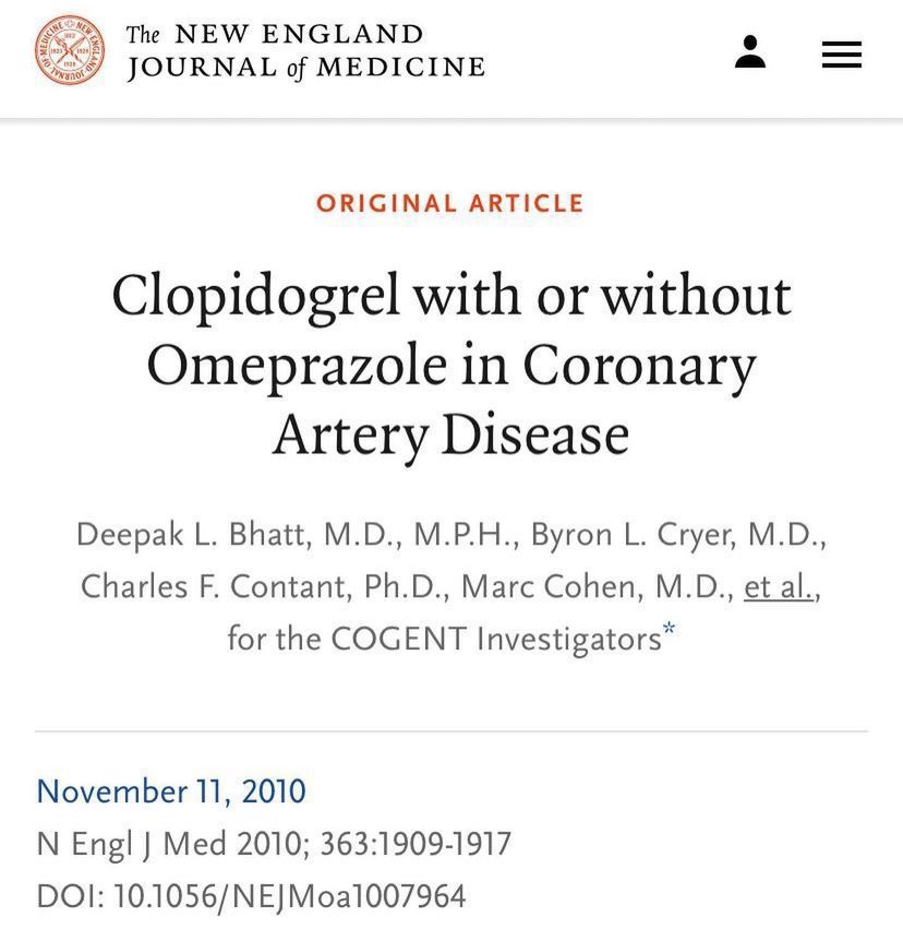 Prophylactic use of PPI among patients on dual antiplatelet therapy? Because yes we all have 🫀 , but we also have a GI tract as well. COGENT Trial, NEJM 2010 ♥️