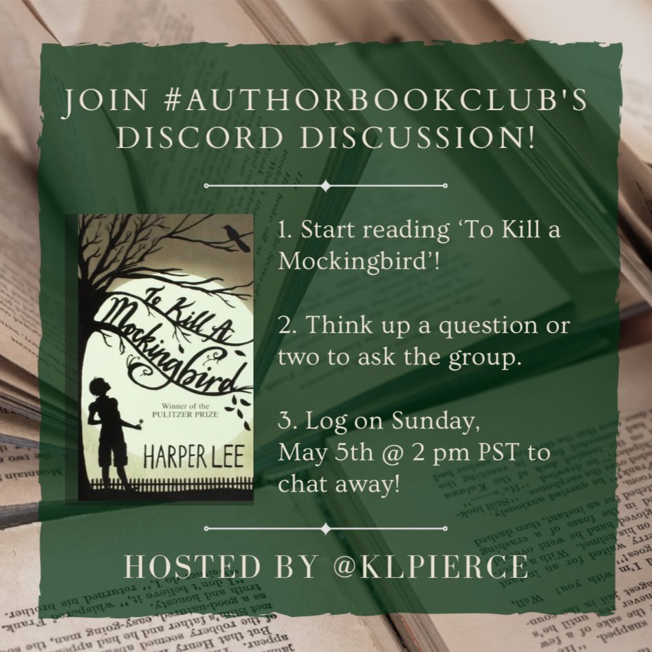 Write for Life (@writeforlife6) on Twitter photo This month's book club pick was 'To Kill a Mockingbird' by Harper Lee. Join us on our discord, May 5th at 2 pm PST, for a discussion hosted by <a href="/KLPierceBooks/">K.L. + Pierce</a> This month's book club pick was 'To Kill a Mockingbird' by Harper Lee. Join us on our discord, May 5th at 2 pm PST, for a discussion hosted by <a href="/KLPierceBooks/">K.L. + Pierce</a>