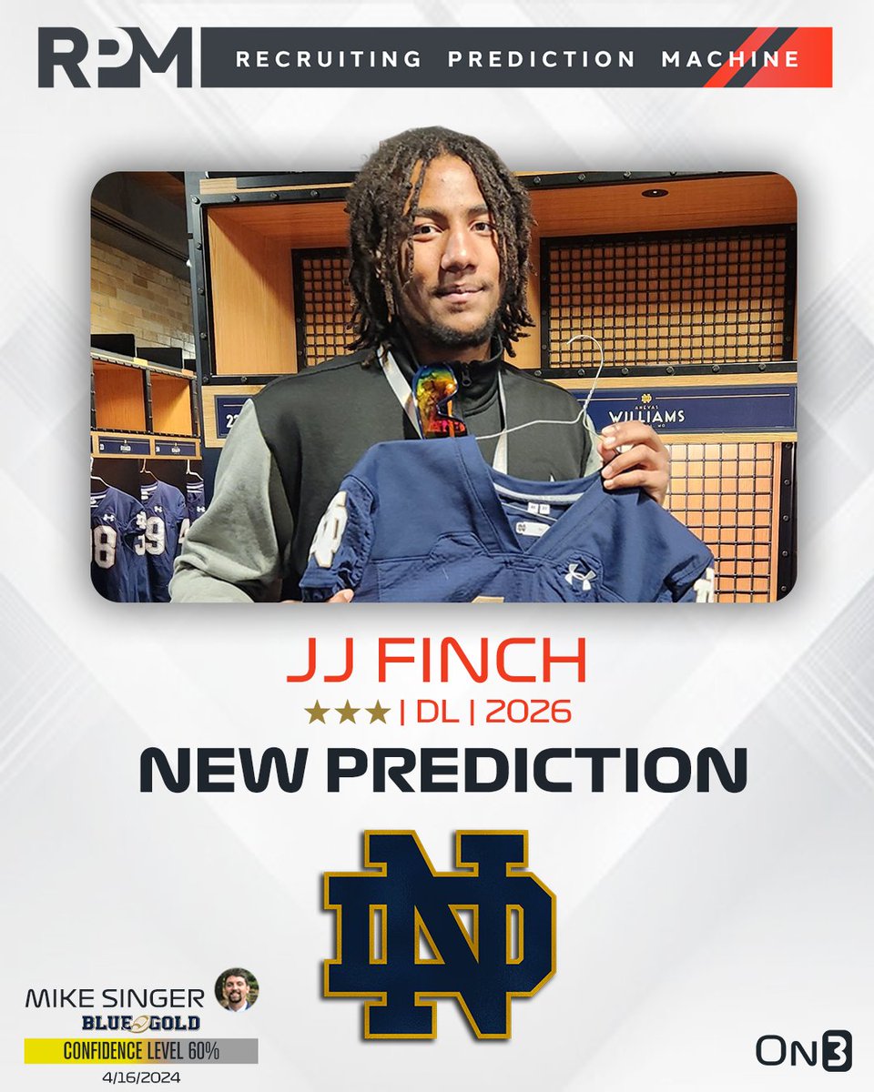 𝗡𝗘𝗪: I'm predicting Notre Dame to eventually land a commitment from Indianapolis Warren Central class of 2026 defensive lineman JJ Finch 👀🍀 Details on that pick and more here: on3.com/teams/notre-da…