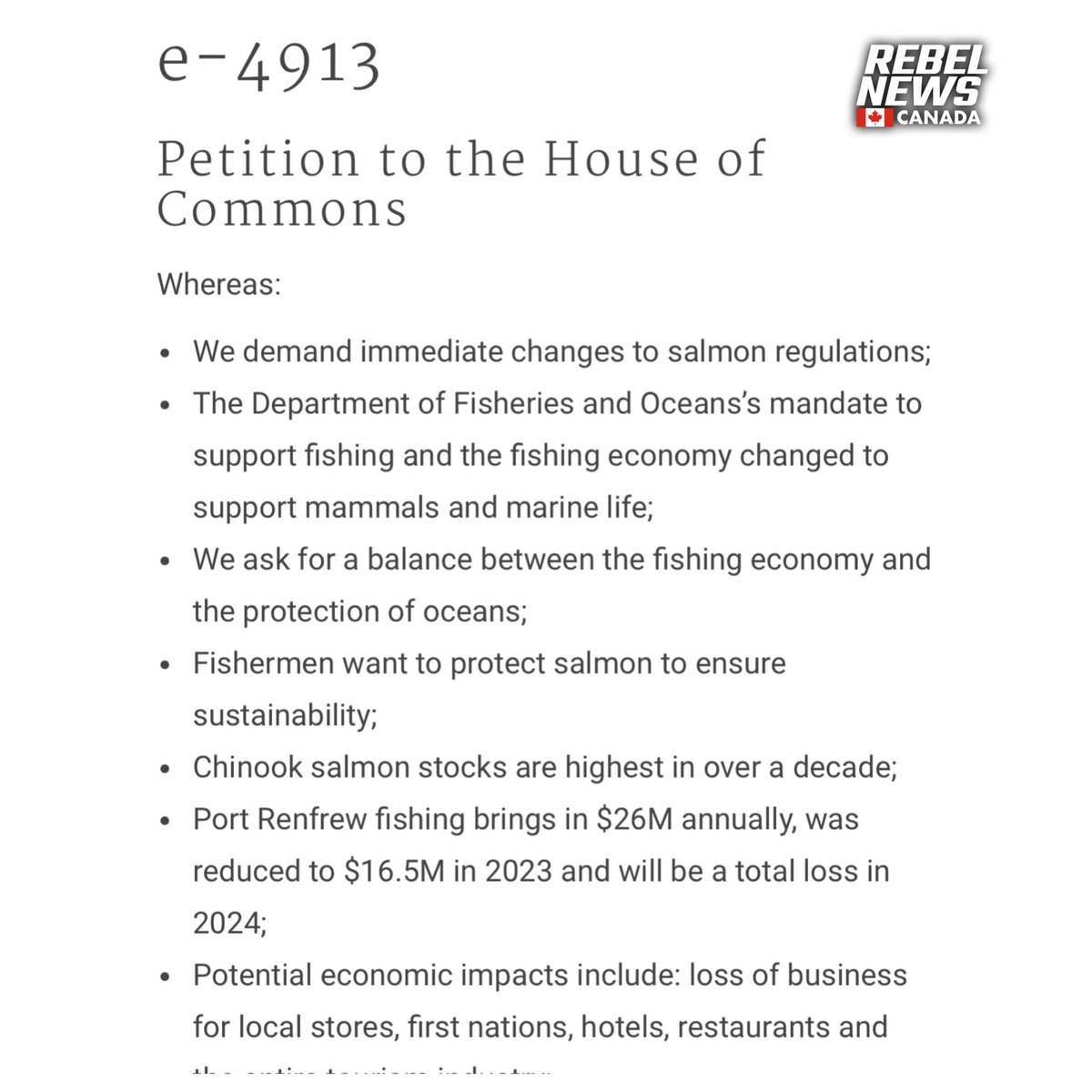 A House of Commons E-petition demanding changes to salmon regulations at Vancouver Island’s Port Renfrew currently has 792 signatories. Those concerned believe the recreational fishing closures are unjustified and threaten the livelihoods of many. ourcommons.ca/petitions/en/P…