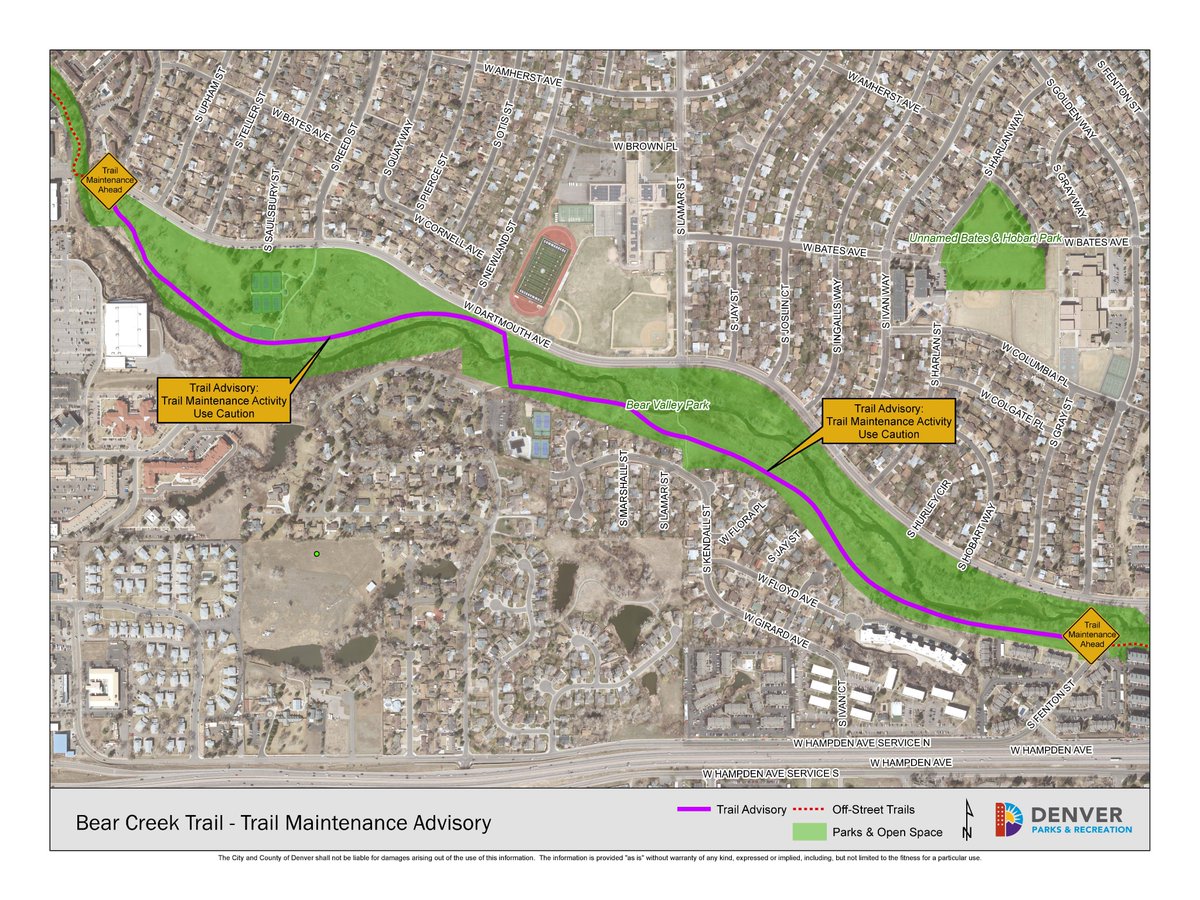 Starting 4/17, minor repairs along the Bear Creek Trail between Fenton St. and Webster St. will begin. Repairs are expected to take three months with temporary paths in place for trail users to go around the sites.