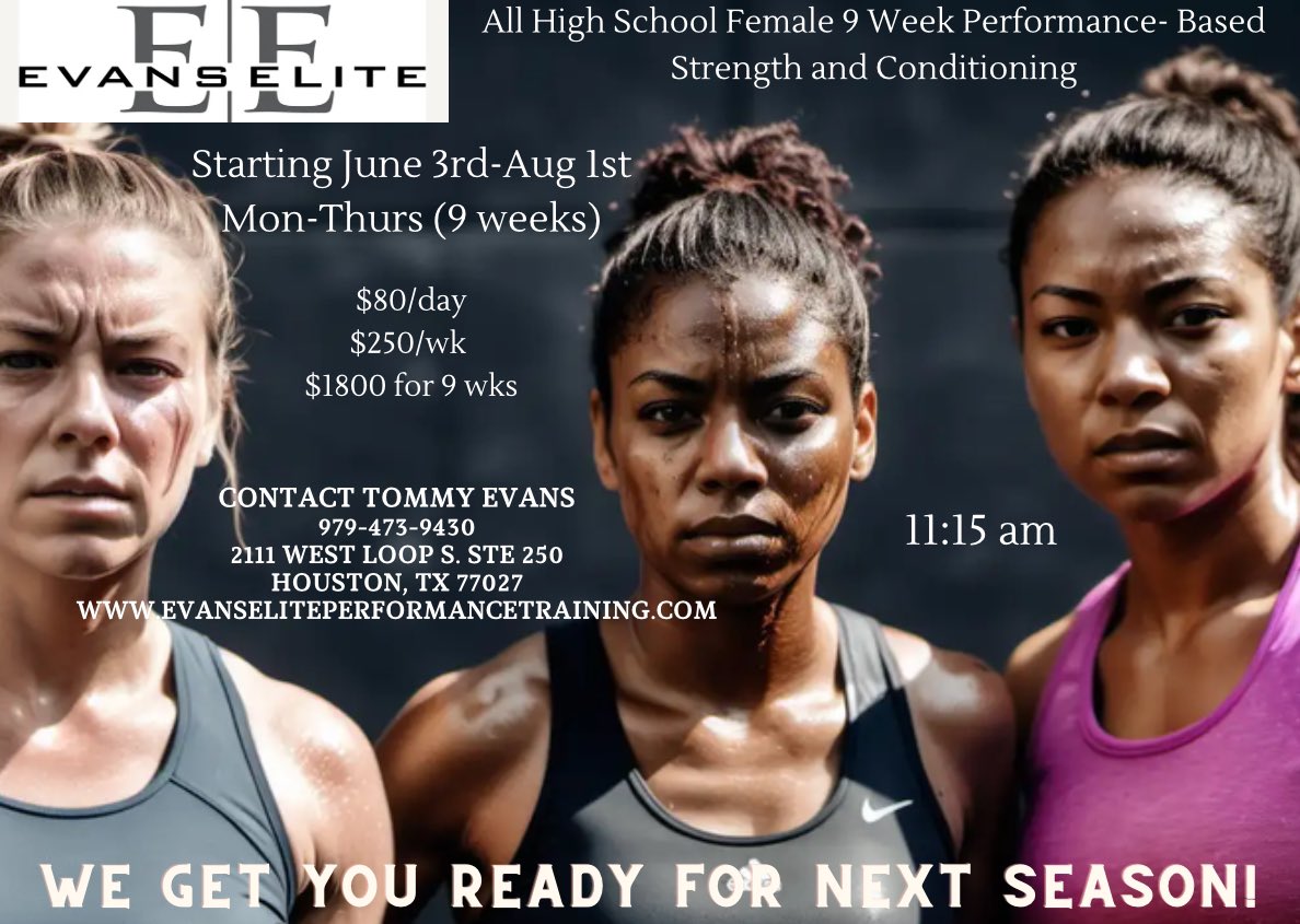 cgevans123's tweet photo. HIGH SCHOOL ATHLETES:
Let’s stop talking about it and let’s go get it! It’s time to take your training to an elite level. We train you to be better athletes. Share this flyer with other female high school athletes and let’s go win together! #GirlsWin
#EmpoweringGirlsSports https://t.co/946b7s9NfE