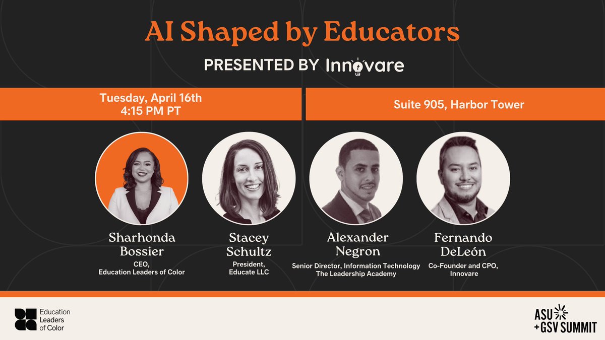 Starting: Join our CEO @bossier today at the @asugsvsummit for a panel discussion presented by @InnovareSIP exploring how AI can support educators in personalizing learning, automating tasks, and amplifying their impact. If you're in attendance, share your takeaways with us!