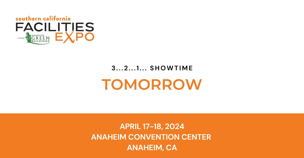 The Southern California Facilities Expo opens its doors tomorrow, and we're counting down the hours until we can welcome you 🤗 

👉 Conference: 8:40 a.m. 
👉 Exhibitor Floor: 10:00 a.m.

Maximize your show time! Skip the line by pre-registering online: bit.ly/43DHSl1
