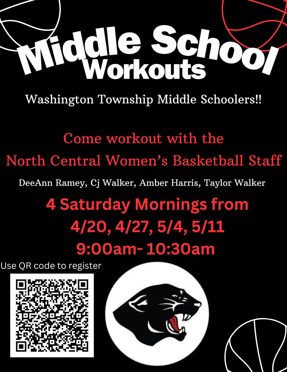 Washington Township Middle Schoolers 
NCWB is holding workouts on Saturday dates above. Register at the link below! 

x8papnxf.forms.app/basketball-reg…