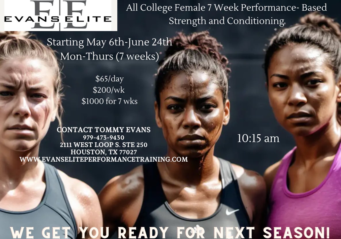 cgevans123's tweet photo. COLLEGE FEMALE ATHLETES:
Let’s stop talking about it and let’s go get it! It’s time to take your training to an elite level. We train you to be better athletes. Share this flyer with other female college athletes and let’s go win together! #GirlsWin
#EmpoweringGirlsSports https://t.co/lUyrim31Hk