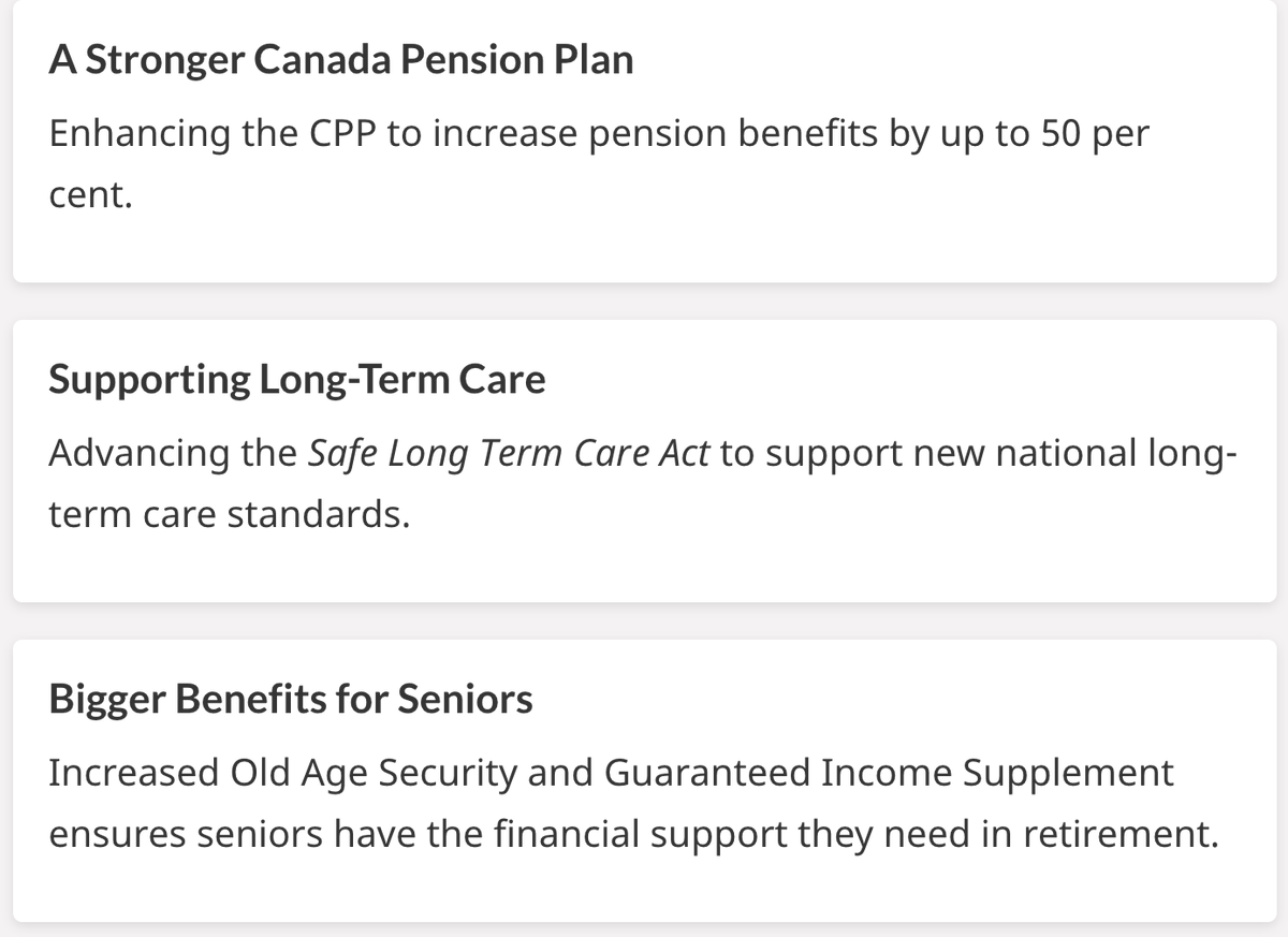 12. #Seniors Stuff specifically: #CPP #longtermcare legislation to support #nationalstandards plus changes to #OAS and #GIS.  

Let's dig into it: #economicsecurity