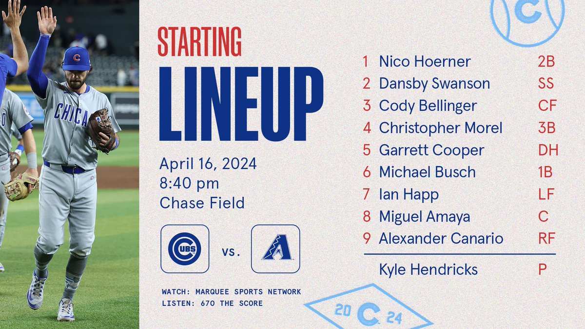 Here is tonight’s #Cubs starting lineup against the Diamondbacks! Tune in: bit.ly/WatchMarquee