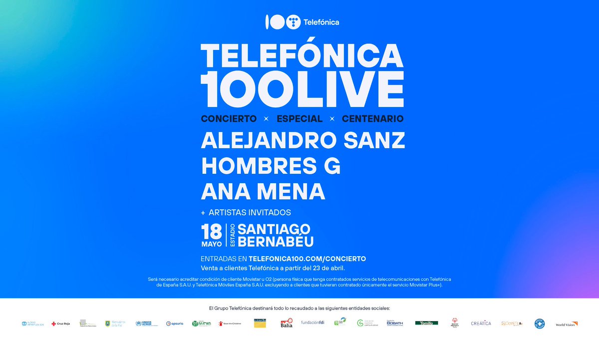 .@alejandrosanz estará el próximo 18 de mayo en el Santiago Bernabéu para celebrar el centenario de @Telefonica 👏👏 ¡Ahí nos vemos! 🎟️: telefonica100.com/concierto