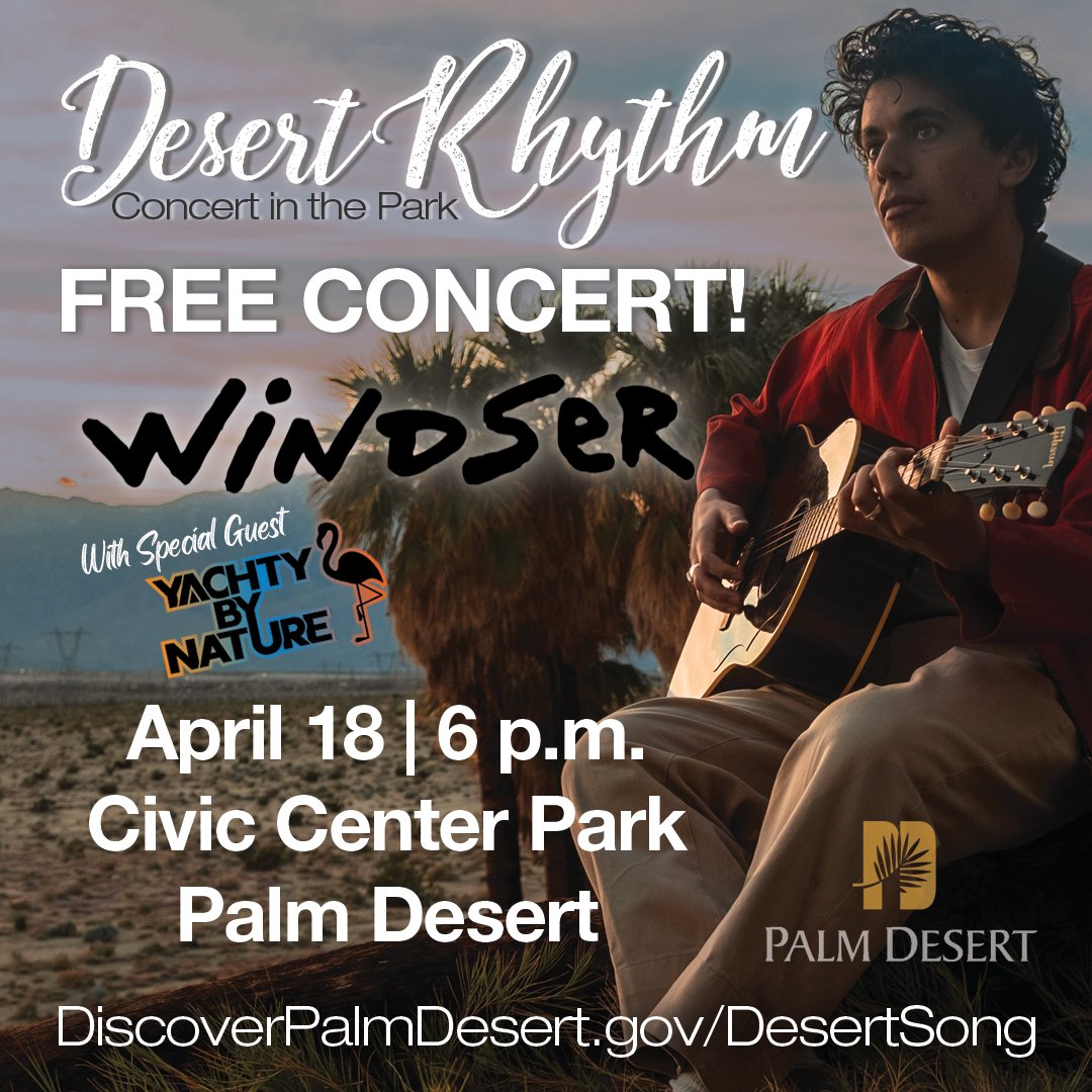 Our FREE Desert Rhythm Concert is THIS Thursday, 6 pm at Civic Center Park!

Yachty by Nature will set sail with classic Yacht Rock hits, Mix 100.5 has Firebirds tix to give away, plus: Food Trucks, a Beer Garden, and Windser!
#palmdesert #freeconcert #concertinthepark #yachtrock