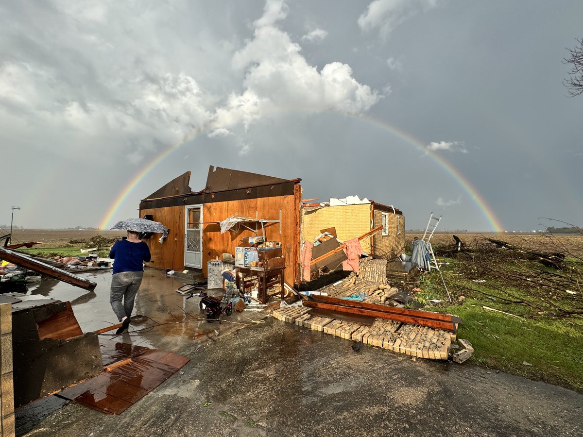 Storm damage likely from a tornado from our ⁦@CharlesPeekWX⁩ . That rainbow. 🥹