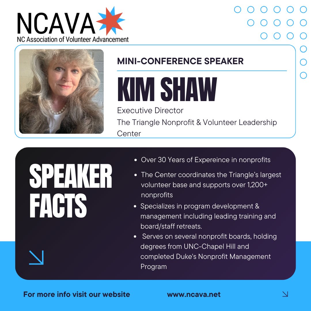 NC_VolAdmins's tweet photo. Our next Mini-Conference speaker and workshop announcement is Kim Shaw with @VolTriangle . Kim brings over 30 years of experience in the world of nonprofits. Learn more at https://t.co/wrr8UPbDKF 
#lovols #volunteermanagement #nonprofit #professionaldevelopment https://t.co/RwN1RxSmzI