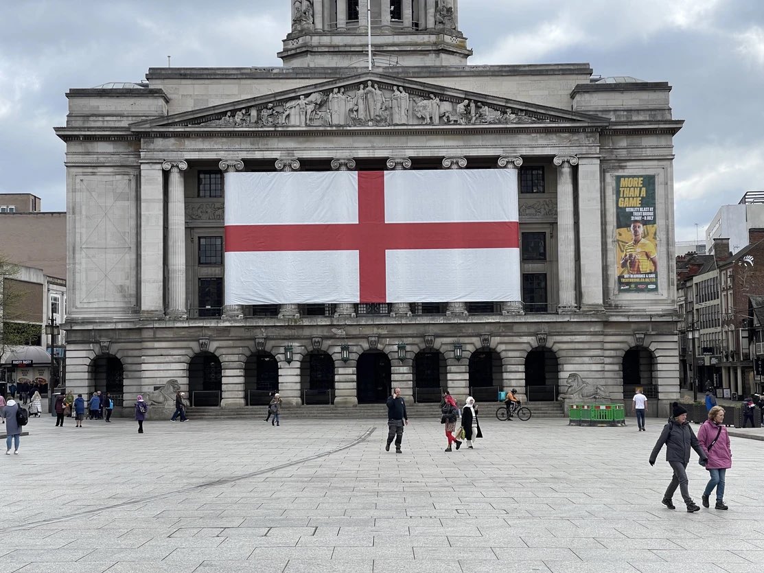 A huge St George’s Cross has been described as “amazing” by passers by as it was unveiled in Nottingham today. The 60ft long flag was installed on the front of the city’s council house in the annual tradition celebrating England’s patron saint. Well done Nottingham council !!…