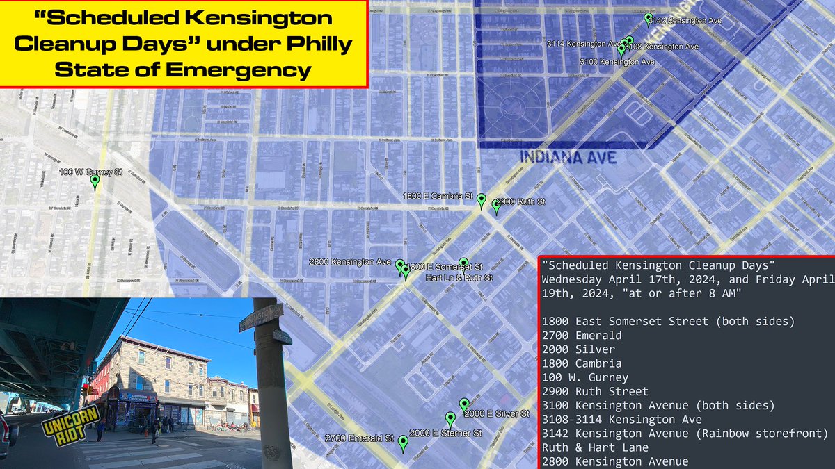 NEW: Imminent ‘Cleanups’ Scheduled Under #Philadelphia ‘State of Emergency’ Kensington Operations A schedule obtained by Unicorn Riot shows an imminent government plan to “cleanup” specific locations in Philadelphia’s Kensington neighborhood tomorrow AM. unicornriot.ninja/2024/imminent-…