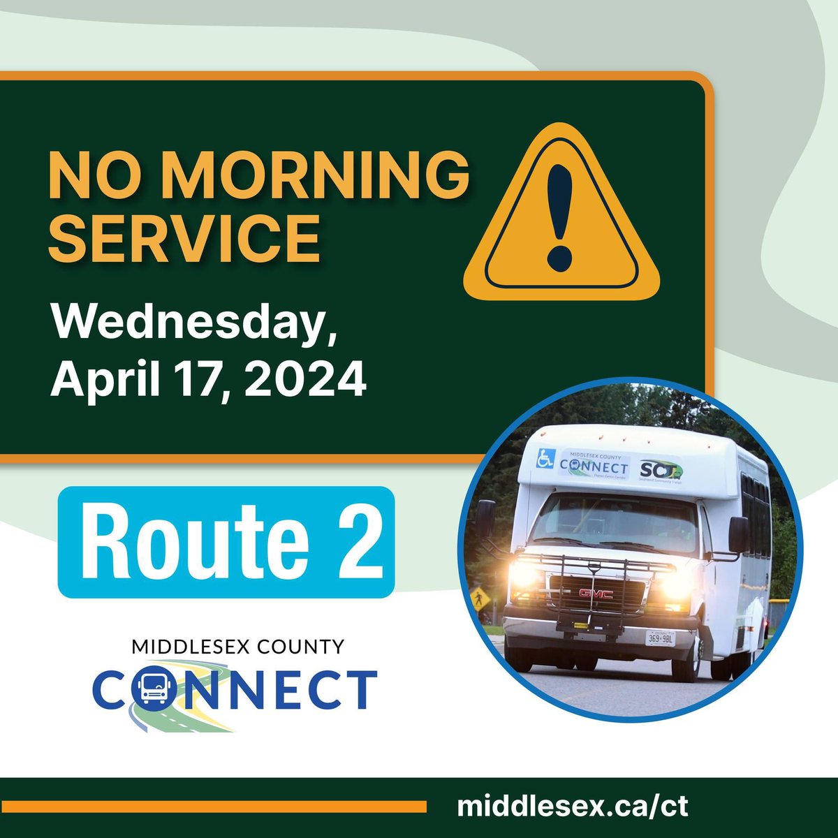 Middlesex County Connect Route 2 bus will not be in service tomorrow morning on Wednesday, April 17, 2024. We apologize for the inconvenience. ROUTE 2: WOODSTOCK - INGERSOLL - PUTNAM - DORCHESTER - LONDON