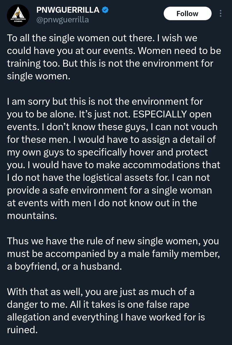 'Men are far too dangerous for any unclaimed 'property' to be around. Being around men is not a safe environment for women. But also sexual assault allegations are lies & I have to protect men from them.' 🙃