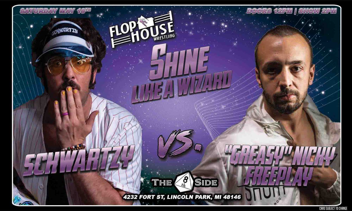 🧙‍♂️ MATCH ANNOUNCEMENT 🧙‍♂️ @SchwartzyMMHMM takes on a 'Greasy' Nicky Freeplay! LIVE AT @ The 8th Side Card & Noodle Shop! Play cards & have some Ramen with the Flophouse Wrestlers at Noon Bell time @ 2pm outdoor event * Combo Tix w/ @ForUsWrestling 🎟️ tinyurl.com/2s364tkf