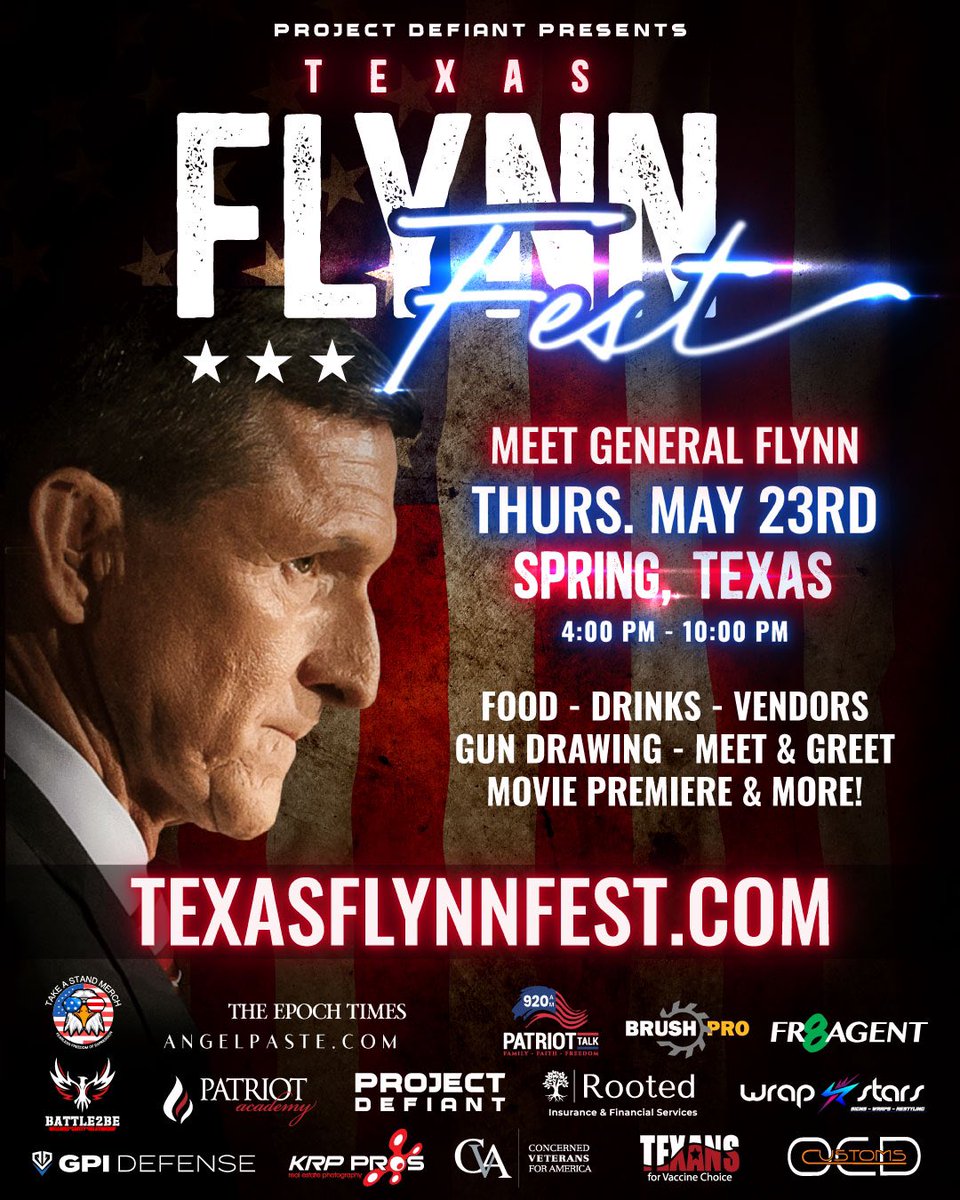 Texas Flynn Fest in Spring, TX will be the final destination of @GenFlynn’s New Movie Premiere Tour of: “FLYNN: Deliver the Truth. Whatever the Cost.” Additional special guests will be announced soon… 🇺🇸 General Admission is only $35. Grab your tickets before they’re gone!
