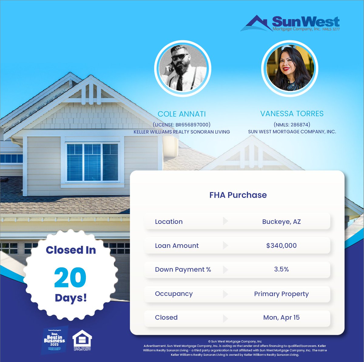 BanerjeeIrwin's tweet photo. Special thanks to Cole Annati for trusting Sun West and Vanessa Torres to finance the sale of his listing. Closed in 20 days!
#happyhomeowners #purchase #fha #loanclosedfast #sunwestmortgage #wegetyou #mytruehome #feelgood #AngelAi #technology #homeloans #empathetictechnology https://t.co/0vBp12Ob8W