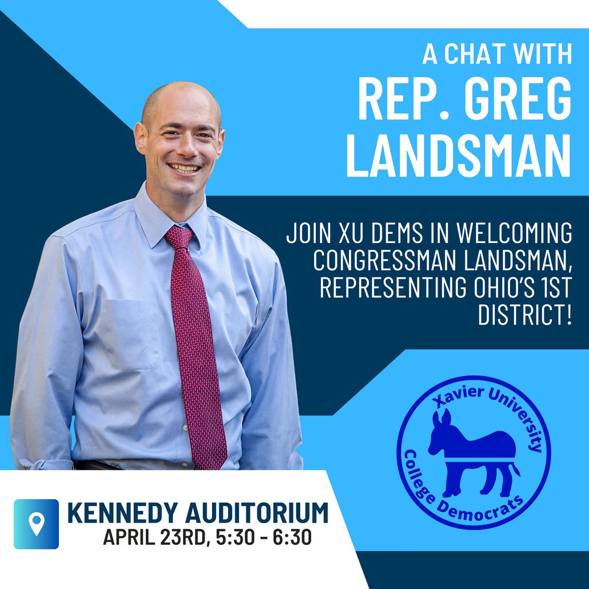 🚨 🚨 Join us as we host Congressman Greg Landsman next week on campus! 🗓️ April 23rd ⏰ 5:30-6:30 p.m. 📍 Kennedy Auditorium