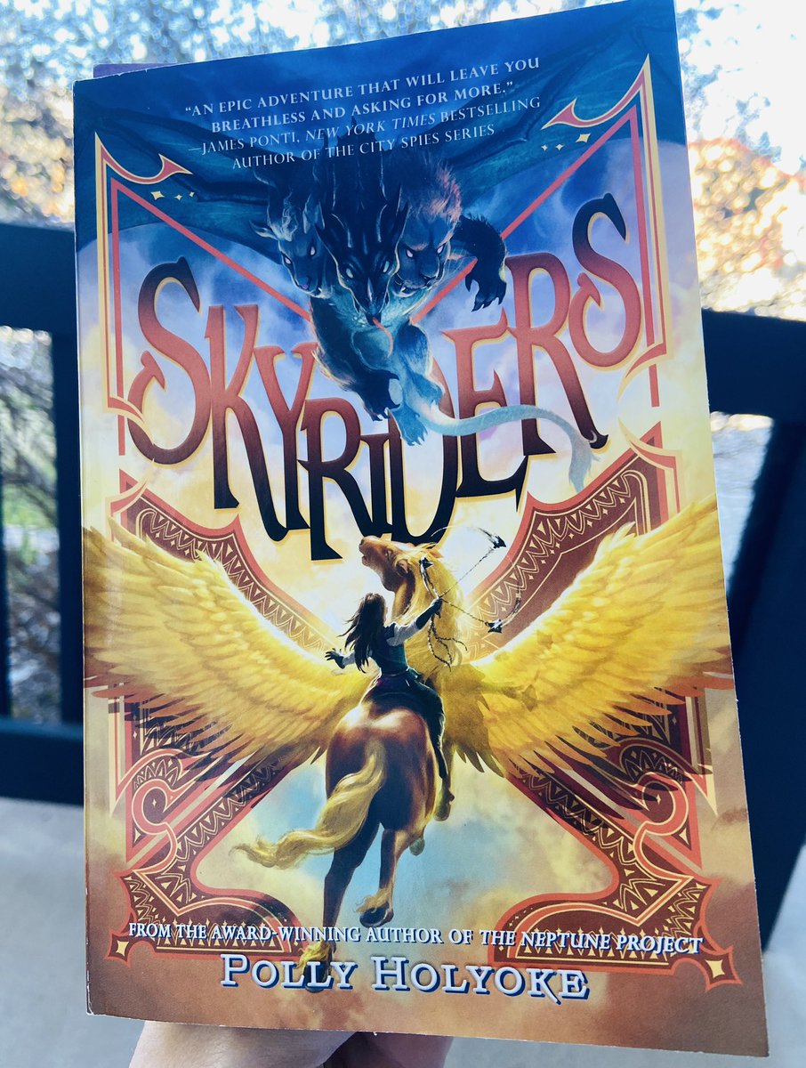 Taking advantage of some warmer weather and reading on the porch. The action starts right away in this fantastical adventure!🪽 @PollyHolyoke #bookposse! @mediamastersbks