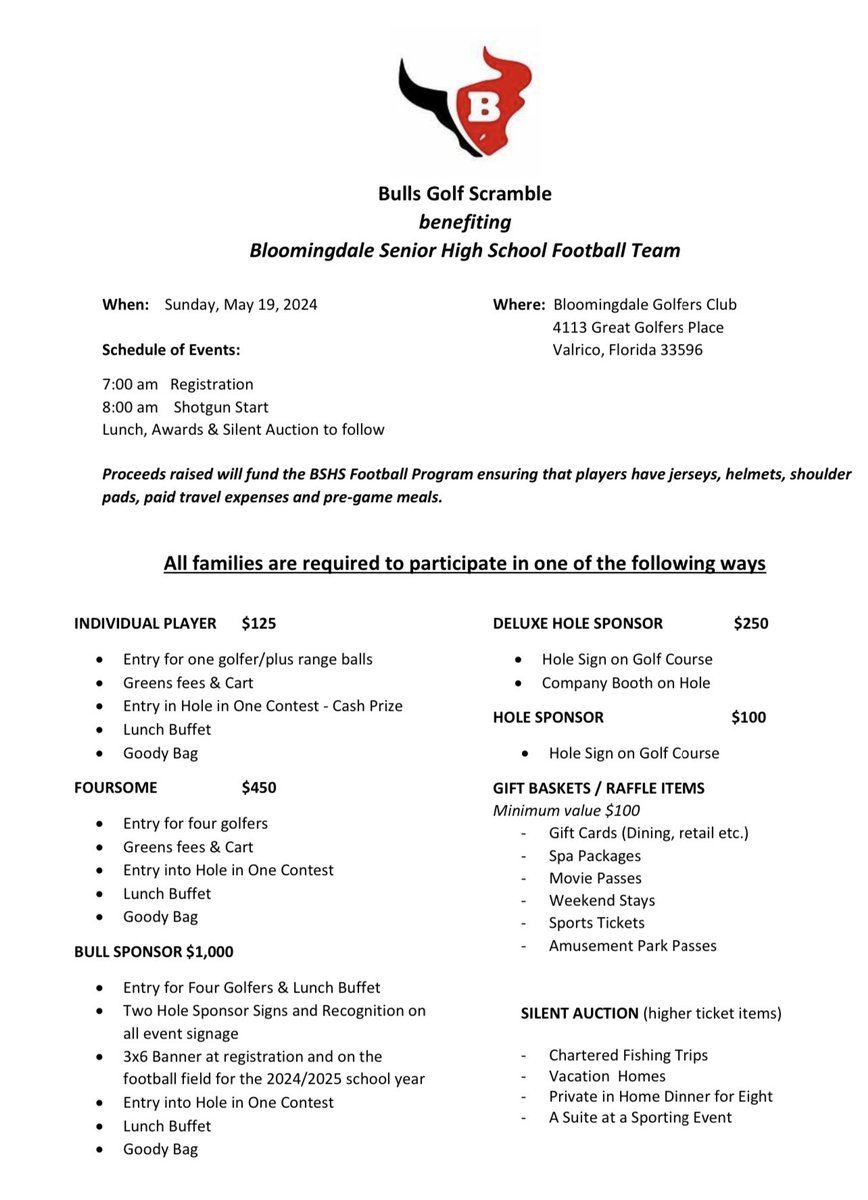Calling all golfers, join your bulls as we hit the greens to Tee off for our Golf Scramble Sunday May 19,2024 <a href="/CoachMurphy917/">Patrick Murphy</a> <a href="/Coach_JayFoster/">Jay Foster</a> <a href="/coachcleckler78/">John Cleckler</a> <a href="/coachhutch813/">david hutcherson</a> <a href="/DuaneyGriffin/">Duaney Griffin</a> <a href="/DelmarShorter/">Delmar Shorter</a> <a href="/BloomingdaleSHS/">Bloomingdale SHS</a> <a href="/BdaleathleticBC/">Bdale Athletics</a>