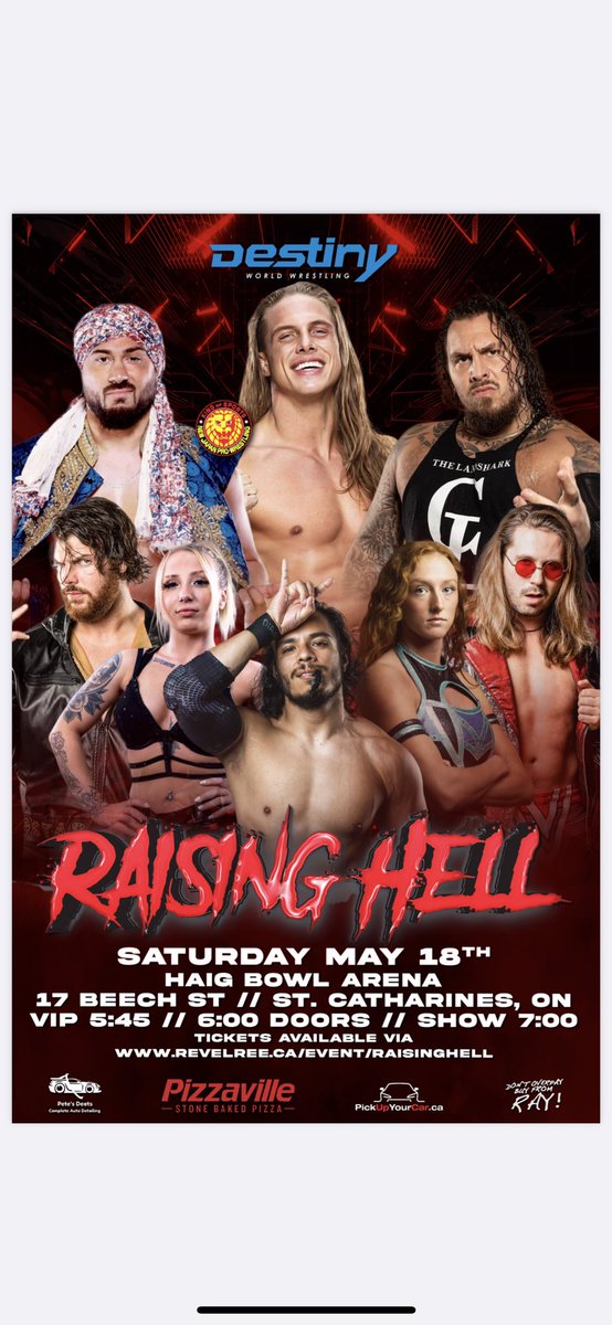 We are back Saturday May. 18th making our Debut in St. Catharines with former WWE Superstar @riddlebro  . 

Front Row VIP 70% Sold Out

Come see all the Destiny Stars as they roll into Town.

Tickets available at

revelree.ca/event/raisingh…

#Destinywrestling #Wwe #TnaWrestling…