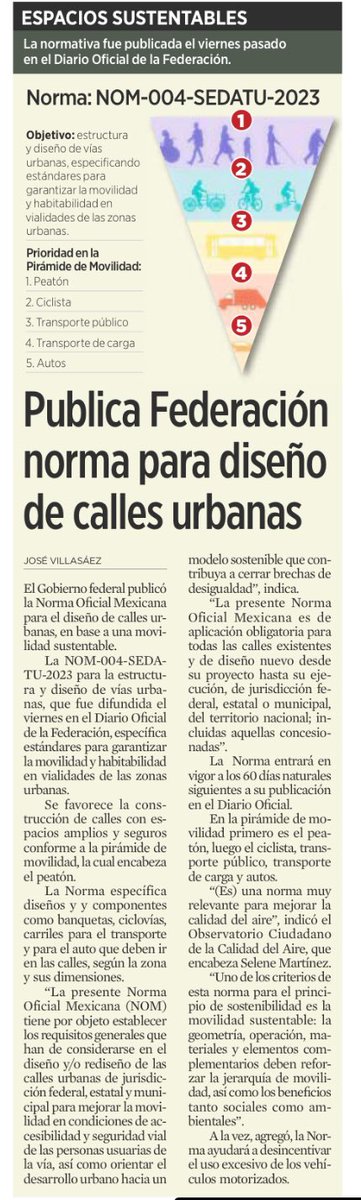miguelbtrevino's tweet photo. Vamos por el camino correcto en materia de movilidad.

El Gobierno Federal publicó la NOM que que prioriza la Pirámide de la Movilidad 🔺 para el diseño de calles urbanas.

Es un gran paso, pero falta lo más complejo: ejecutar. La ejecución de estos proyectos implica retos de obra pública sin precedentes para los Alcaldes y Gobernadores del país.

Vamos por un México con movilidad sustentable 🚲🚶‍♀️.

Vía @ElNorte