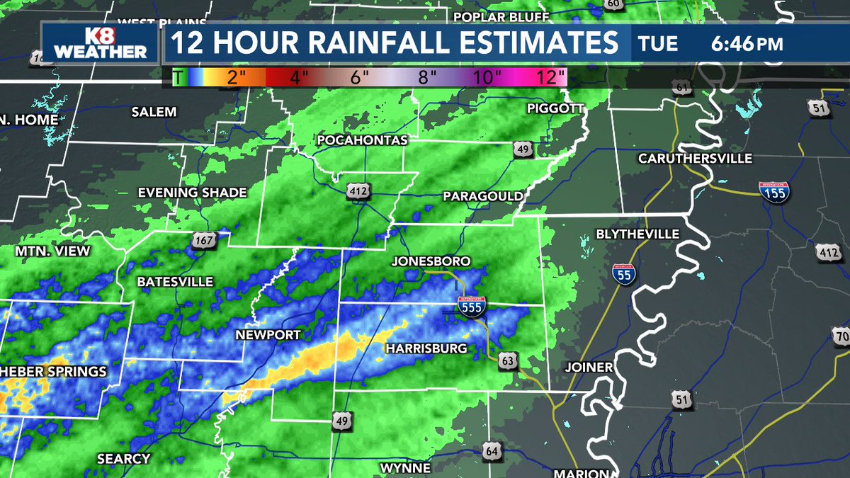 The areas with the most rainfall so far are Jackson and Poinsett Counties. #arwx #mowx #tnwx