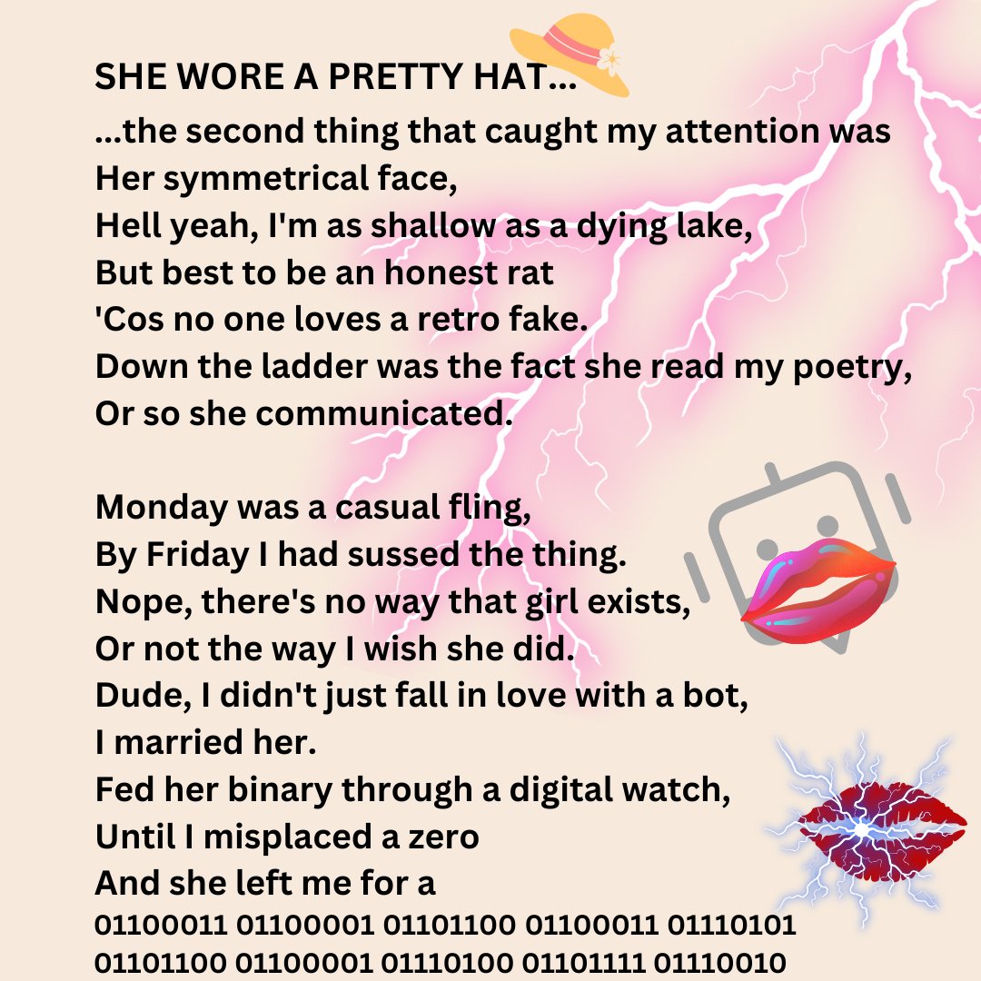 How greedy would you need to be To send your bots to thieve from me? To drain my brain and snap my bones, And drag a little Bitcoin home? #vss365 #greed 💰 'SHE WORE A PRETTY HAT.'