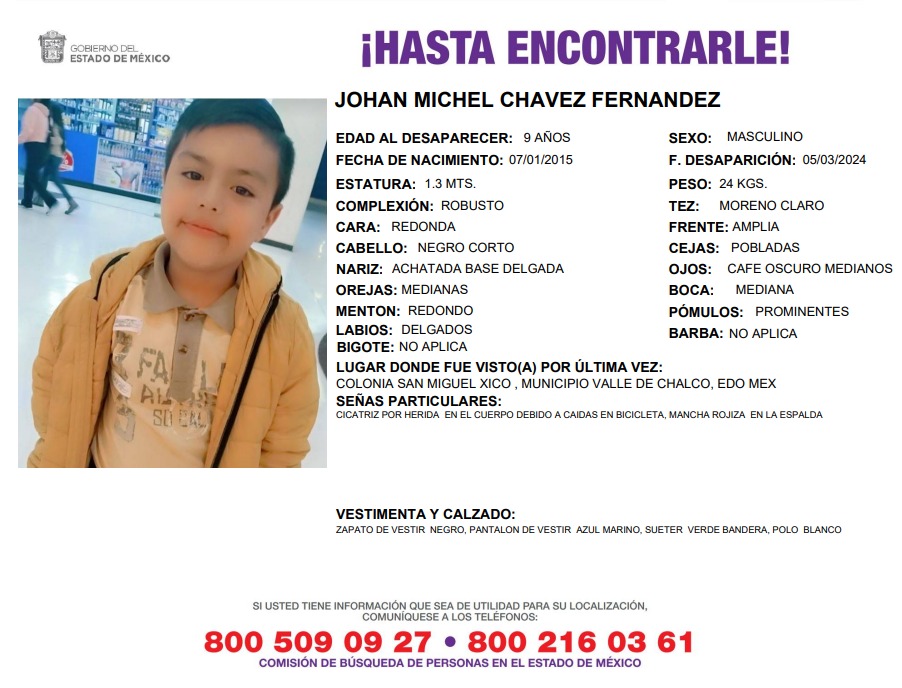 Solicitamos de tu apoyo en difusión para dar pronta localización a Johan Michel Chávez Fernández, comunícate a los teléfonos de COBUPEM 800 216 0361, 800 509 0927. #TodosEnLaBúsqueda