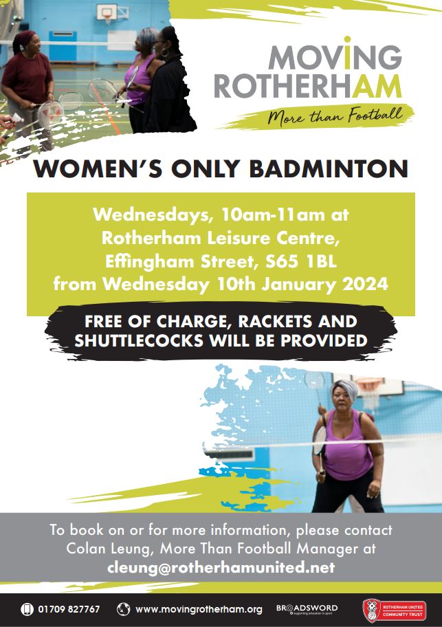 #WednesdayWow 🏸Women's Only Badminton Session!🏸

Every Wednesday at Rotherham Leisure Complex badminton sessions for ALL abilities, just turn up and play!

Why not give it a try with @RUFC_CT

#physicalfitness helps #mentalhealthfitness
#badminton🏸 #womenonly #exerciseisfun