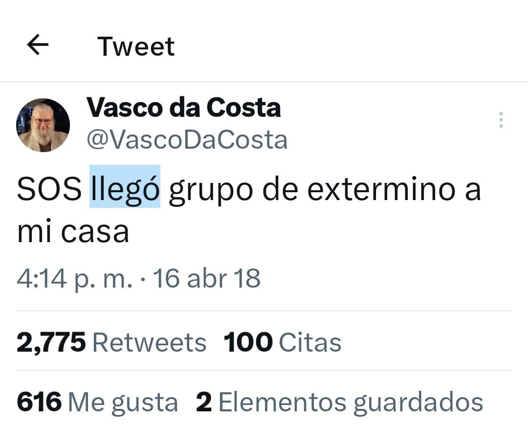 16 de abril y Ana Da Costa hermana de mi amigo Vasco Da Costa, me hizo llegar los dos últimos tweets q escribió el 16 de abril del 2018 antes de ser secuestrado y torturado una vez más por el chaviZmo. De esa como de las anteriores Vasco salió, pero las secuelas fueron letales.