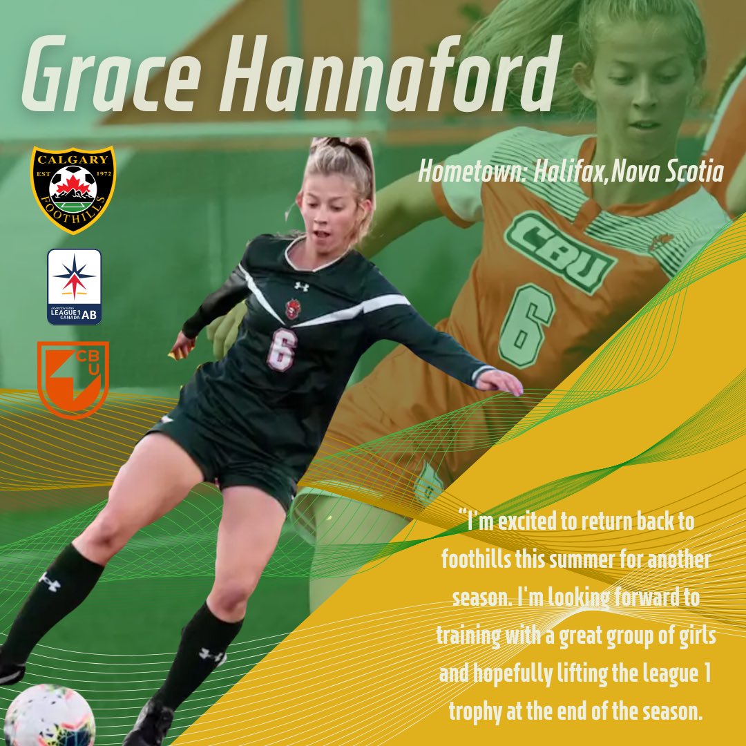 FOOTHILLS WFC LEAGUE 1 ROSTER ANNOUNCEMENT We are excited to welcome back Grace Hannaford. Grace is in her 2nd year at Cape Breton University. Grace was named back to back AUS 1st team all-stars in 2022 and 2023 and named USPORT 2nd team All-Canadian Team in 2023. .