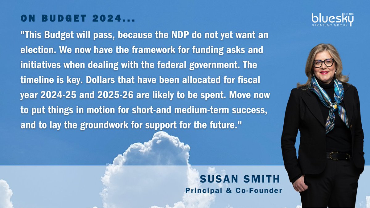 What does the recently announced 2024 federal budget mean for Canadians? 
Here's Principal & Co-Founder, Susan Smith's (@susansmithott) hot take.

#TeamBluesky #CDNPoli #Budget2024