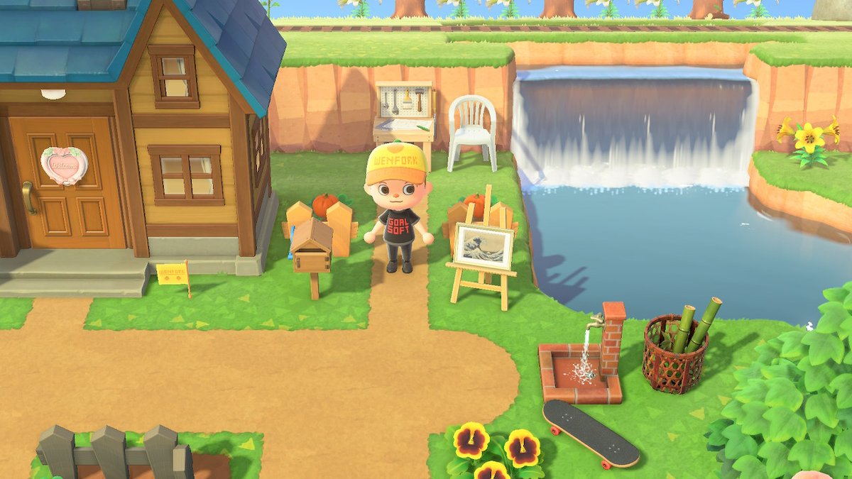 MegaMike64's tweet photo. Revisiting my Animal Crossing: New Horizons village for the first time in ages. I had nearly forgotten I dedicated a fitness park to Snake. He didn't seem too happy to see me after being away for so long! I began work on a restaurant tonight. #AnimalCrossing #ACNH #NintendoSwitch https://t.co/X345obBdAZ