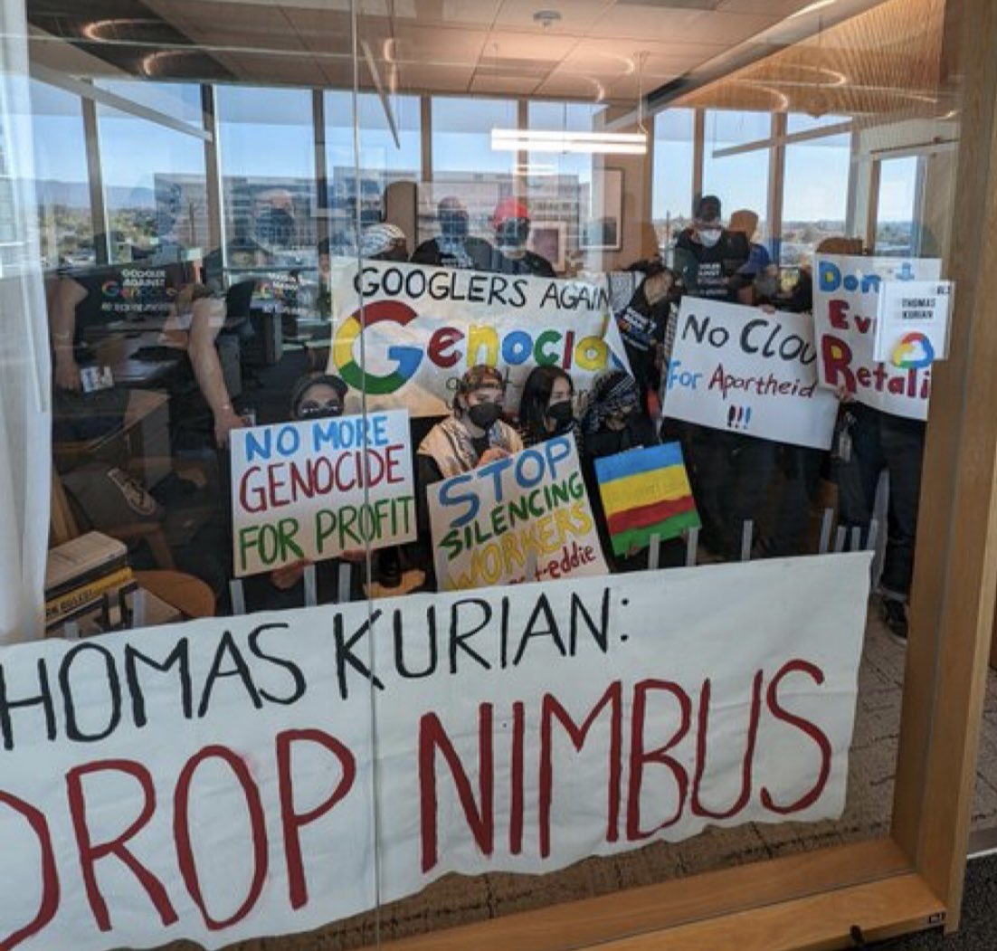 #Update: Google employees say they’ve taken over the office of the Google Cloud CEO and will stay until the company stops selling its AI/Cloud technology to Israel. They’re live streaming the takeover, and tell me they expect to be arrested.