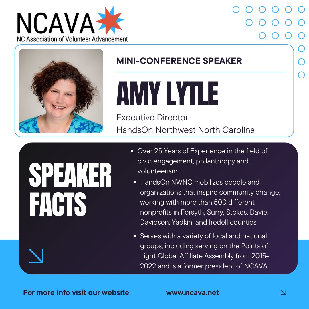 NC_VolAdmins's tweet photo. We are excited to announce Amy Lytle, Executive Director of @HandsOnNWNC , as our third speaker at the NCAVA Mini-Conference for Leaders of Volunteers. Amy has over 25 years experience in civic engagement to share. Learn more and register at https://t.co/Qa3NGhfs3P. https://t.co/A3z5mAMEDN