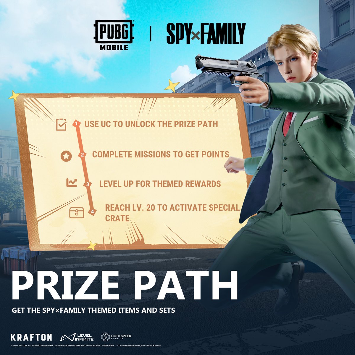 The SPYxFAMILY collaboration is live now! Kickstart the themed Prize Path event, complete missions to get points, claim exclusive SPYxFAMILY rewards, and immediately seize the themed Dacia skin! pubgmobile.live/SpyxFamily2024 #PUBGM_SPYxFAMILY #SPYxFAMILY #PUBGMOBILE