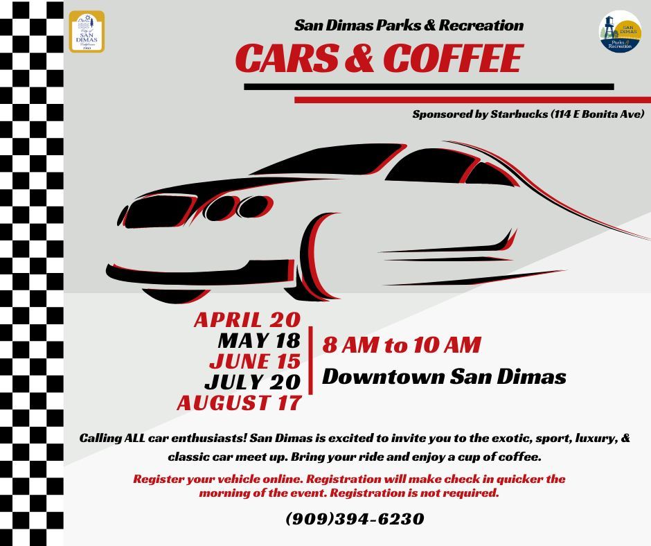 The Cars & Coffee series has returned this Saturday! Will be every third Saturday of the month until August 17th. Stop by with your ride and grab a cup of coffee this Saturday from 8am - 10am. See you there~ Pre-register for free today: bit.ly/SanDimasCars