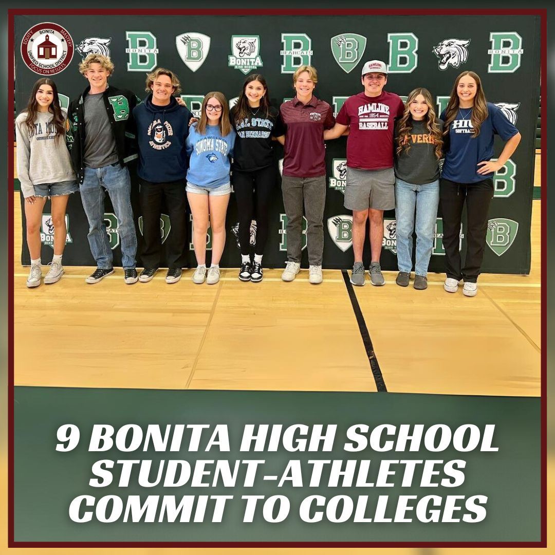 Congratulations to the nine Bonita High School student-athletes who recently signed their letters of intent and will continue their academic and athletic endeavors in college! #BonitaUSD #LiveYourPurpose #TheBonitaWay
