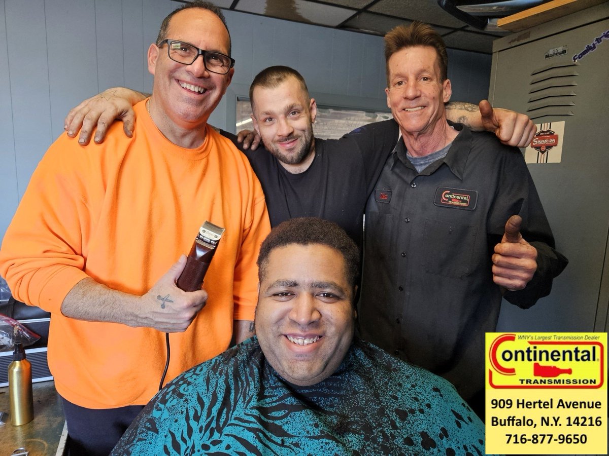 ContinentalTOW's tweet image. Fresh cuts at Continental Transmission North Buffalo! Big thanks to our boss for treating us to a stylish makeover by "The Hair Dude." We're all smiles with our new looks! 🚗✂️ #TeamStyle #FreshLook #CateredLunches