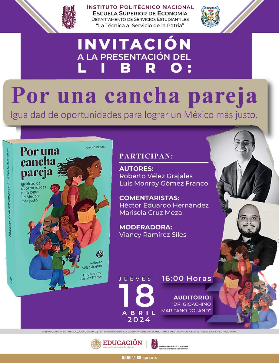 Presentación del libro 'Por una cancha pareja' en el @IPN_MX 📗 Participan: @robertovelezg y @MGF91 autores del libro con sello #CEEYEditorial y @GranodeSal 🗓️Jueves 18 de abril a las 16 h 🕓 ¡Nos vemos en el Politécnico! 👋🏾