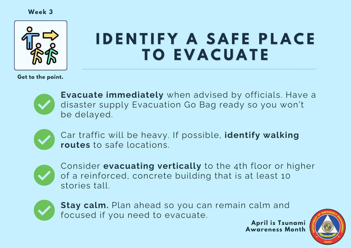 If you do need to evacuate, where should you go? Plan ahead so you know a safe place to go. Most people can walk out of the tsunami evacuation zone in only a few minutes so it may be faster to go on foot. Learn more at honolulu.gov/dem/tsunami #KnowWhereToGo #TsunamiAwarenessMonth