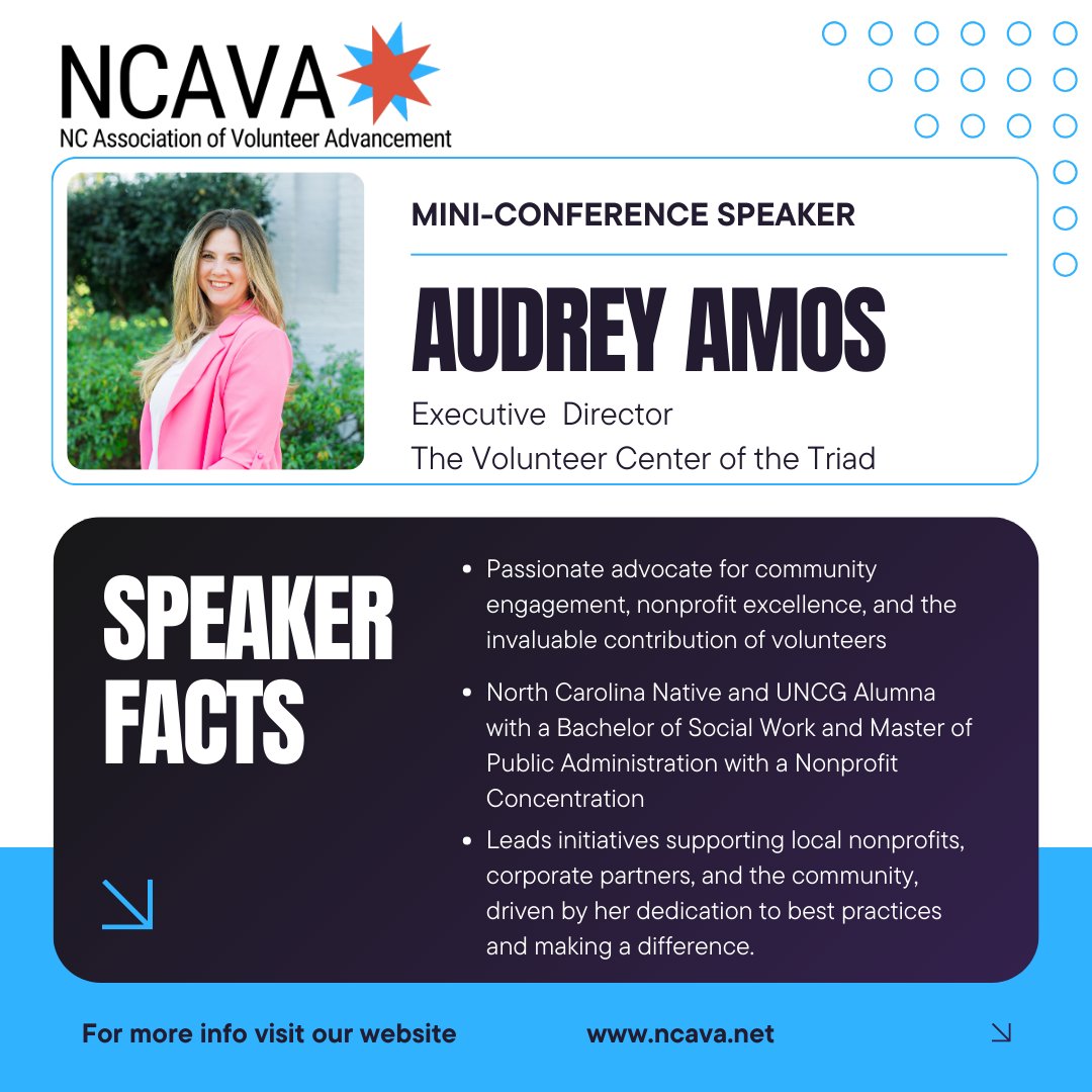 NC_VolAdmins's tweet photo. Our final speaker announcement is Audrey Amos the Executive Director of @VolunteerTriad. Audrey brings a passion for community engagement and nonprofit excellence that we see spreading to all who attend. Learn more at https://t.co/Qa3NGheUeh
#lovols https://t.co/bMW69oEkxV