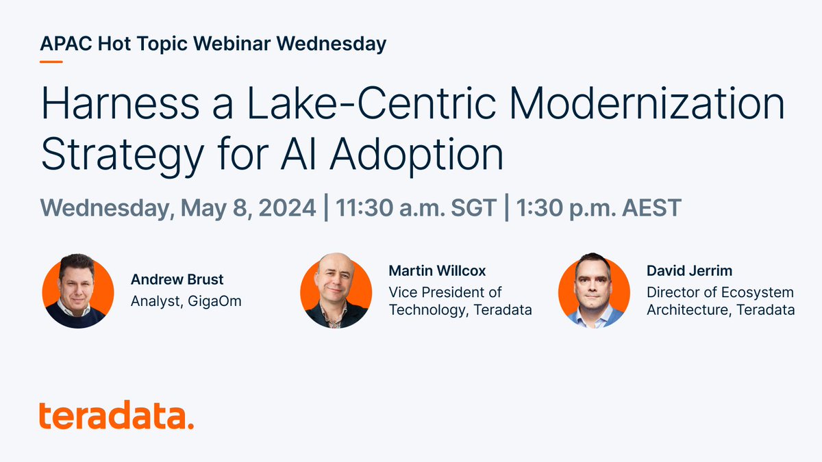 Join our webinar to discover how harnessing a lake-centric approach to #AI can revolutionize your data management and drive #innovation. Featuring industry experts from GigaOm and Teradata, this is your chance to gain a competitive edge. Register now: ms.spr.ly/6015YBrJ9