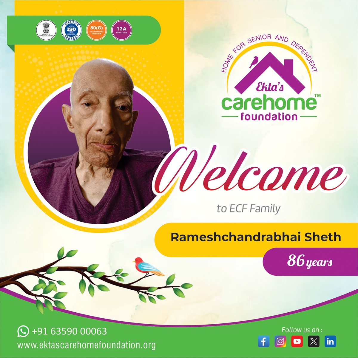 ECF warmly welcomes Rameshchandrabhai Sheth

#ektascarehomefoundation #gratfulthankfulblessed #assistedlivingfacility #carehome  #phsyotherapy #pshycology #therapy #homeawayfromhome #welcometohome #oldagehome #homeawayfromhome
#SeniorSupport #welcome #Vadodara #Gujarat