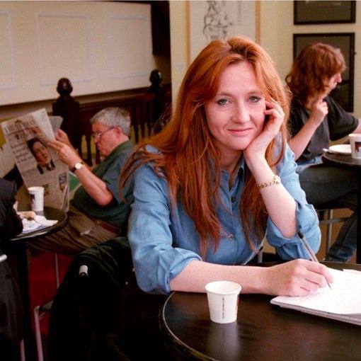 Joan Rowling while writing 'Harry Potter' in a cafe. Scotland, 1998.