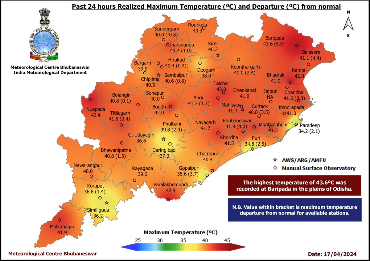 HiteshNath22372's tweet image. Past 24 hours Realized #MaximumTemperature (ºC) and Departure (ºC) from normal
#heatwave