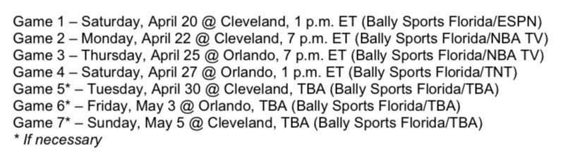 .@OrlandoMagic First Round #NBAPlayoffs Schedule Announced In addition to national TV schedule listed below, all games will be televised locally by @BallyMagic @BallySportsFL (if not on ABC) and heard on @OM_AudioNetwork @969gameon #EverybodyIn